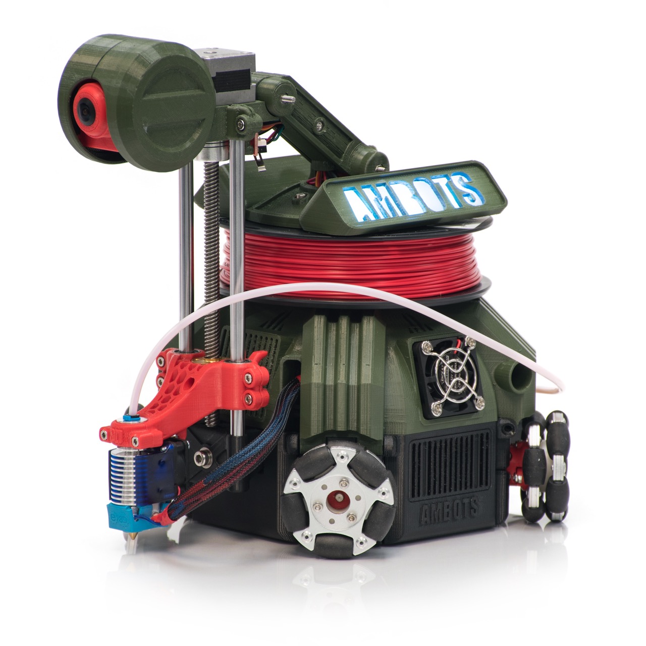Green and red mobile 3D printer prototype toolhead view