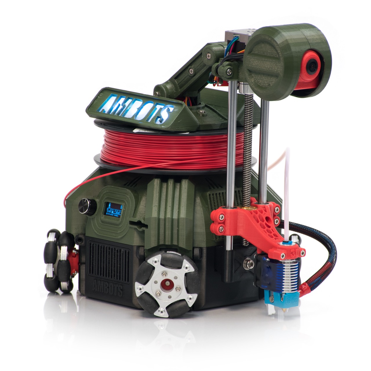 Green and red mobile 3D printer prototype front angle view