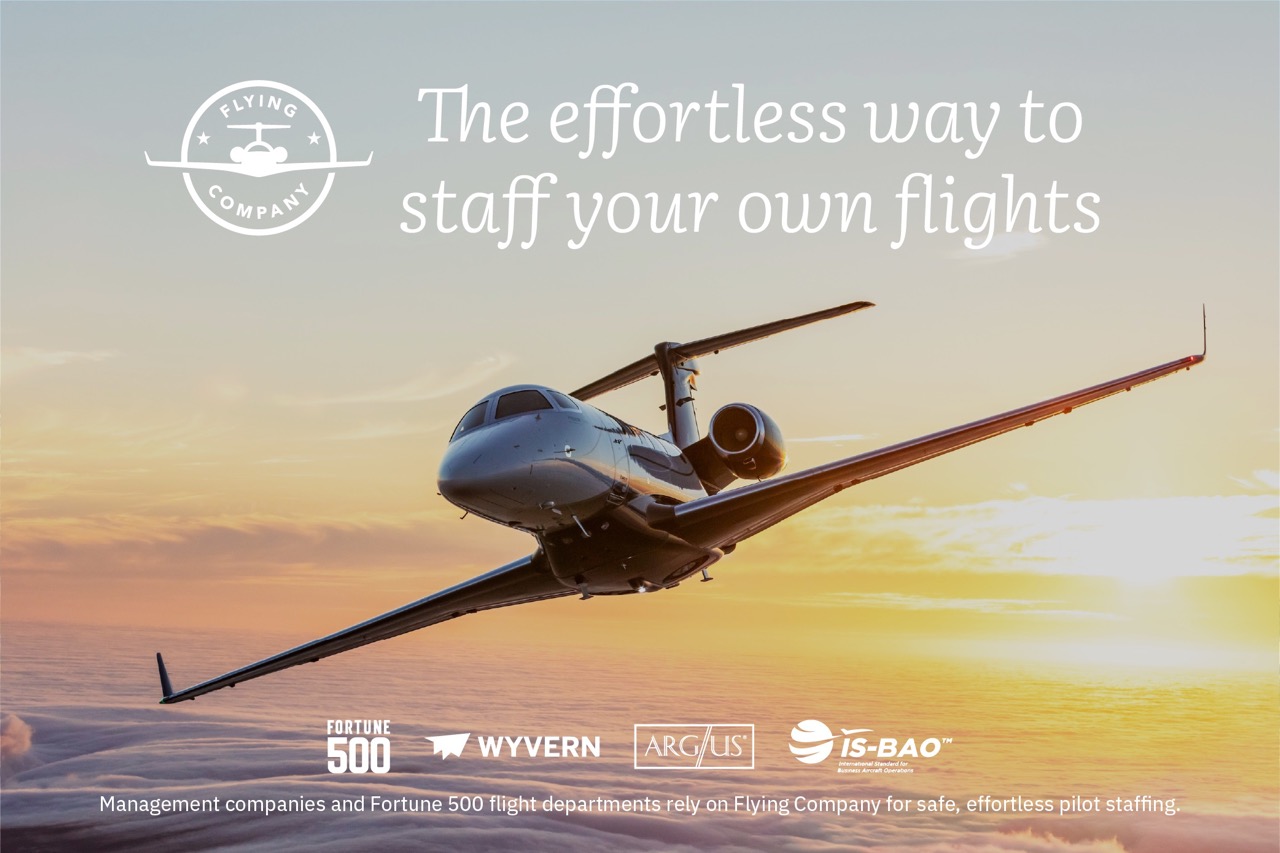 Flying Company flight-staffing graphic with a business jet above the clouds.
