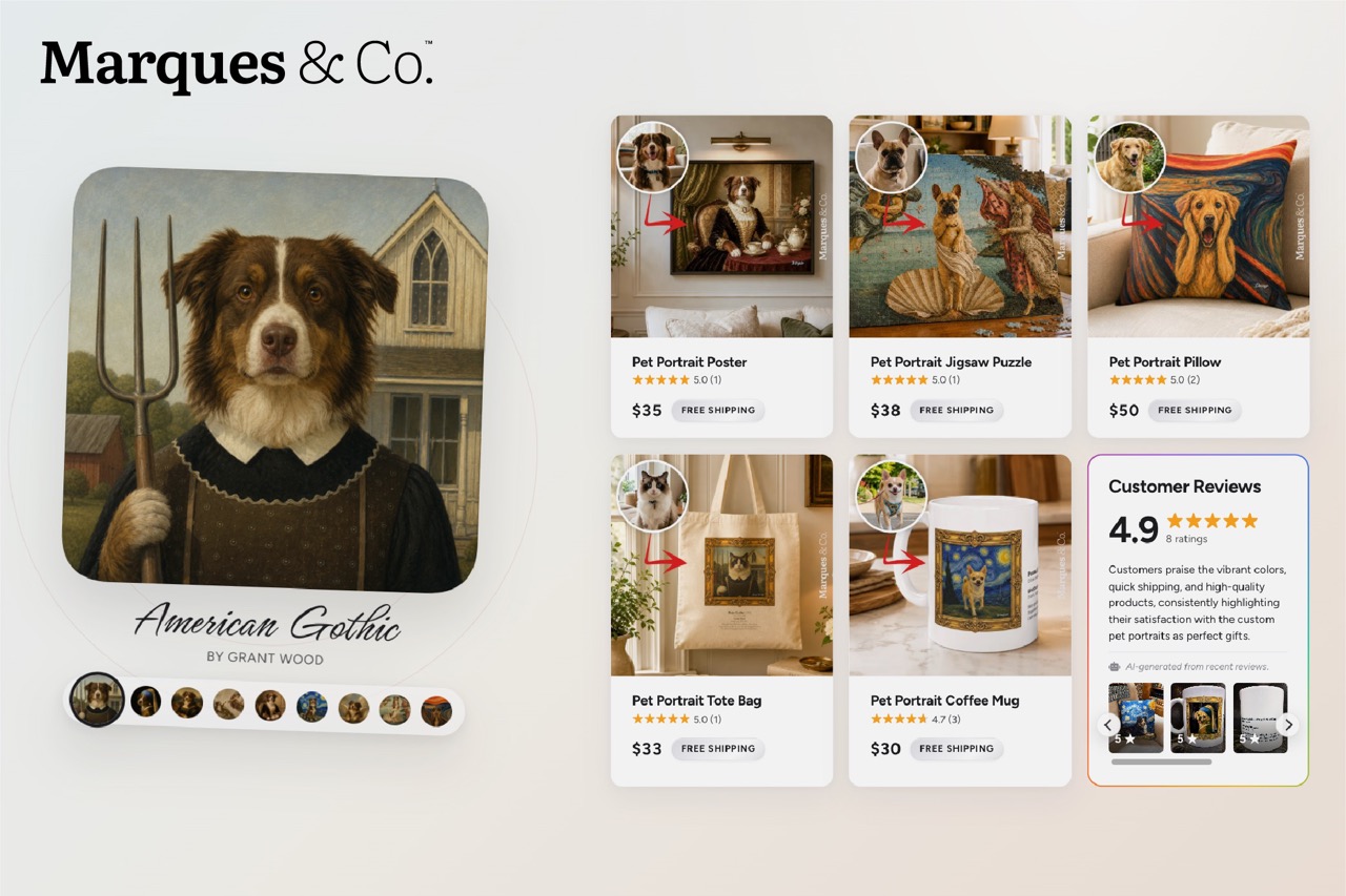 Marques & Co. custom pet portraits on posters, puzzles, pillows, tote bags, and mugs.