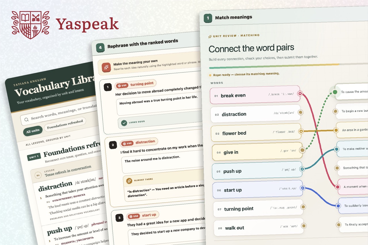 Yaspeak vocabulary library, sentence-rephrasing exercise, and word-matching activity.